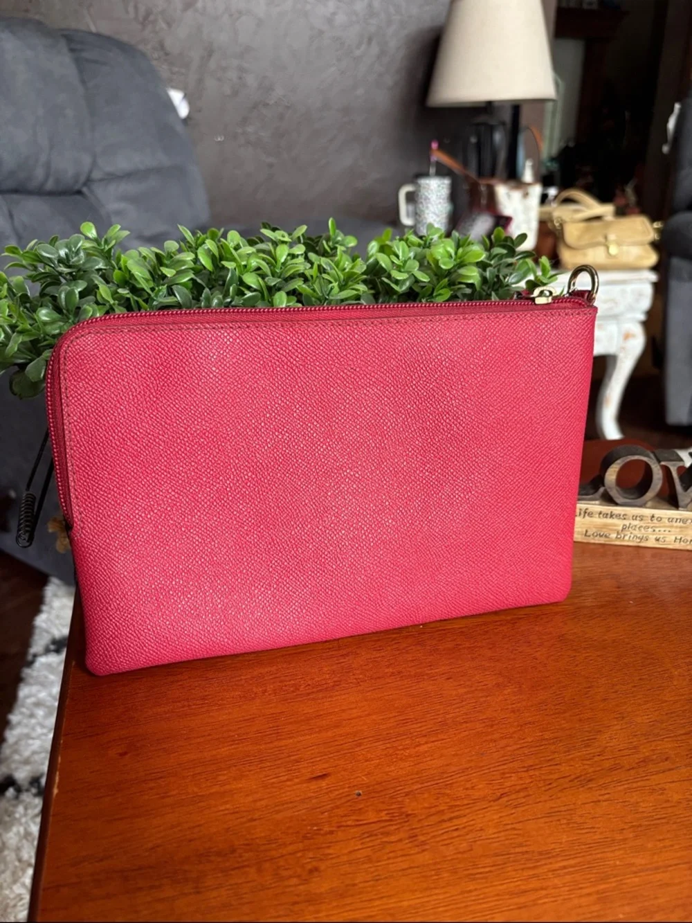 Coach Red Crossgrain Leather Corner Zip Wristlet F6658 - Picture 4 of 5